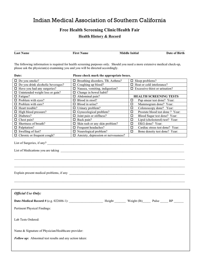 Health screening registration form in Word and Pdf formats page 2 of 2