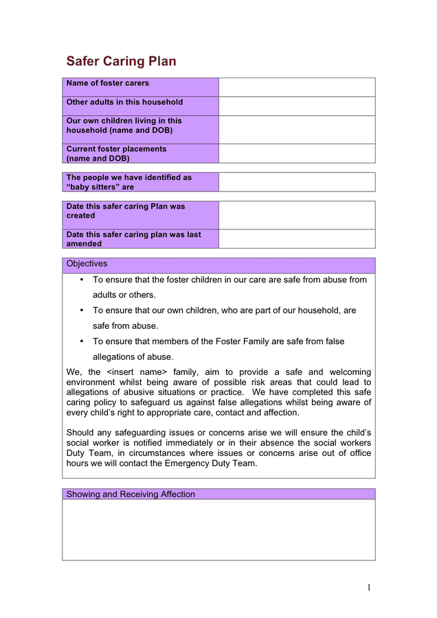 Safer Caring Plan Form In Word And Pdf Formats