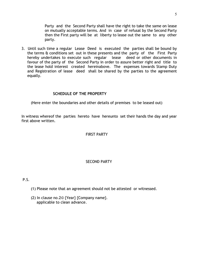 Draft lease agreement in Word and Pdf formats page 5 of 5