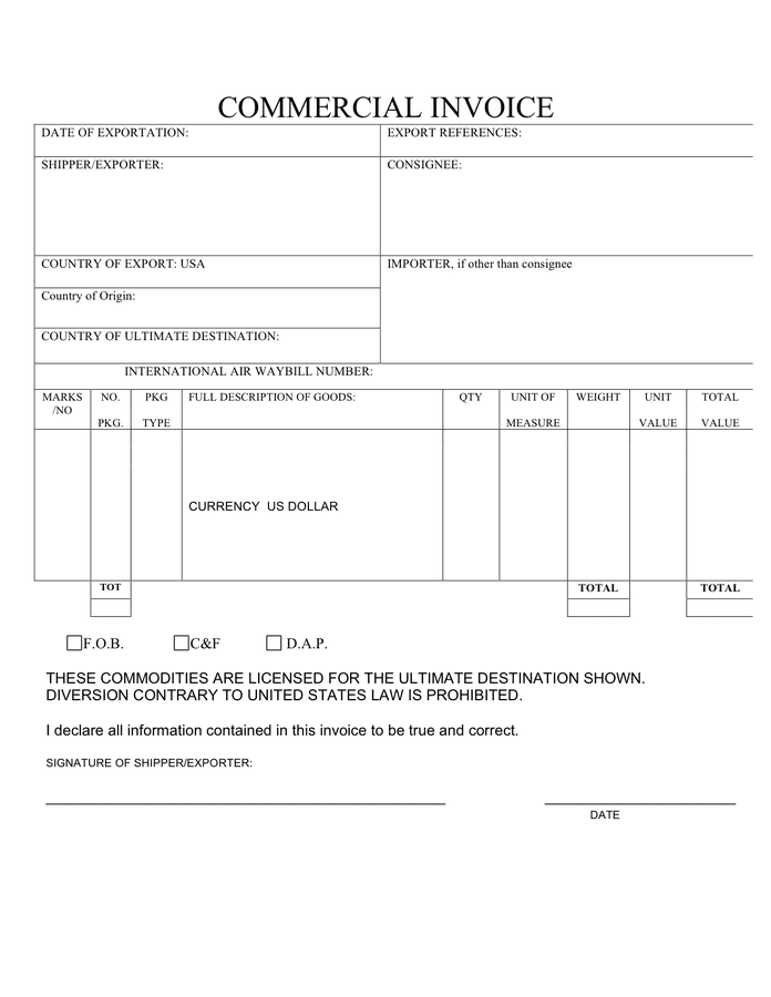 Commercial Invoice In Word And Pdf Formats