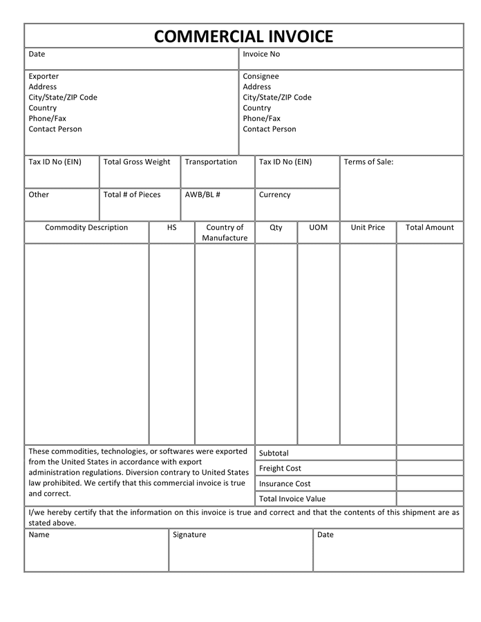 Commercial Invoice Template In Word And Pdf Formats