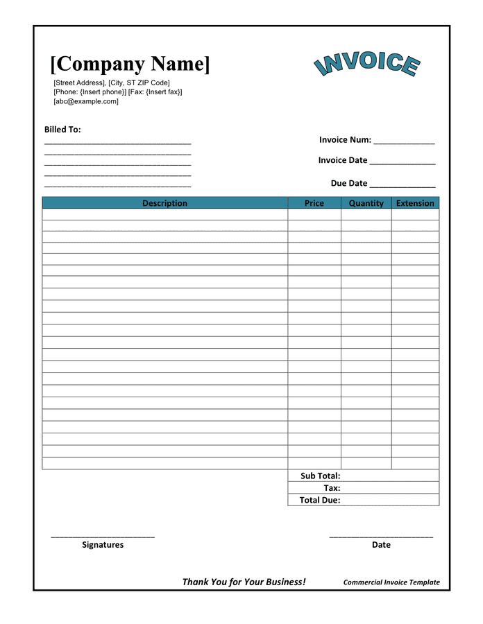 Commercial invoice template in Word and Pdf formats