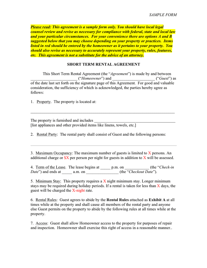 Short Term Rental Agreement Template In Word And Pdf Formats Page 2 Of 10