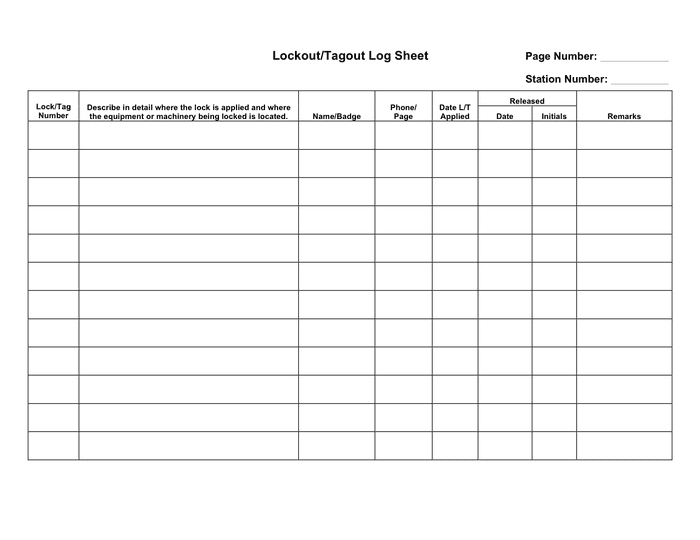 Lockout/tagout log sheet template in Word and Pdf formats