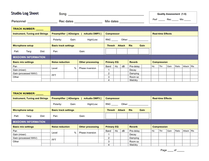 Studio Recording Log Sheet Template In Word And Pdf Formats