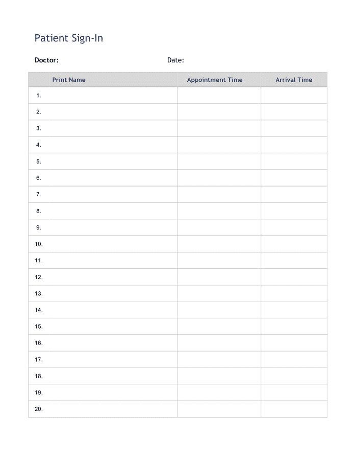 Patient sign in sheet template in Word and Pdf formats