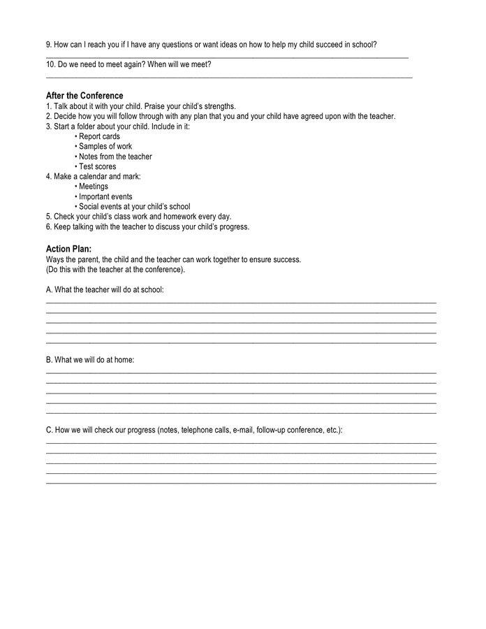 Parent / teacher conference report form in Word and Pdf formats page 3 of 3