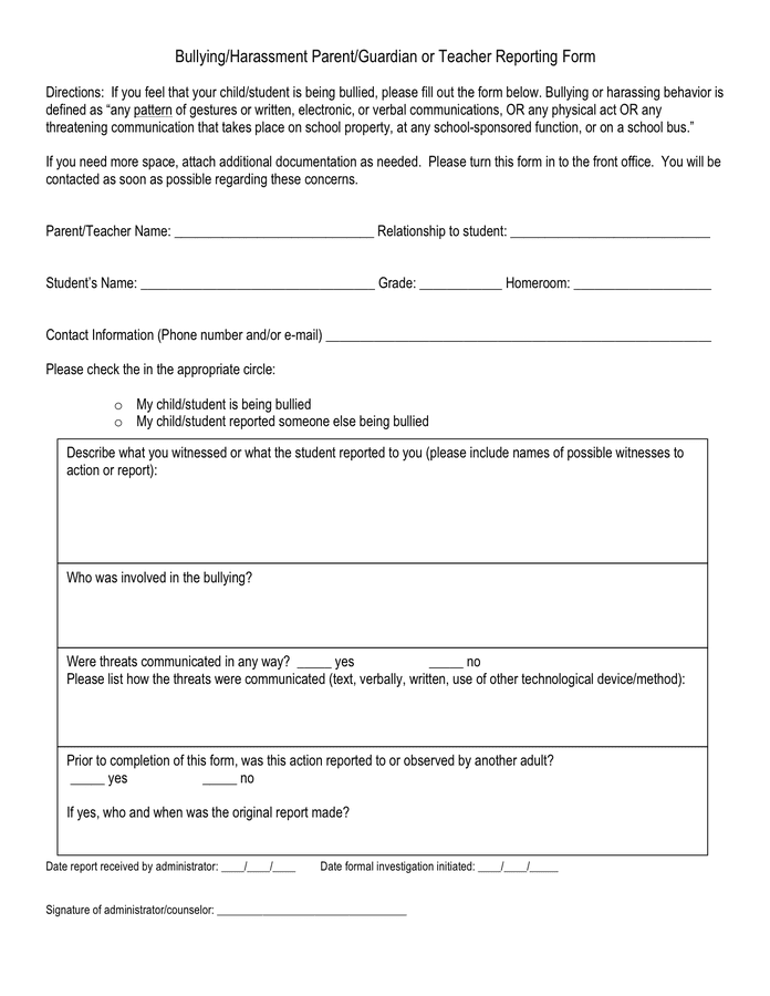 Bullying/harassment parent/guardian or teacher reporting form in Word