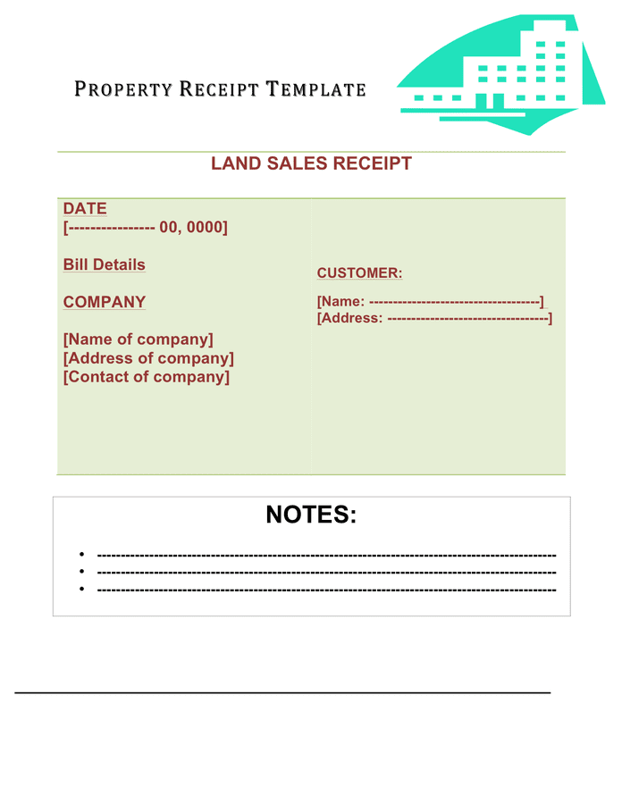 Land sales receipt template in Word and Pdf formats