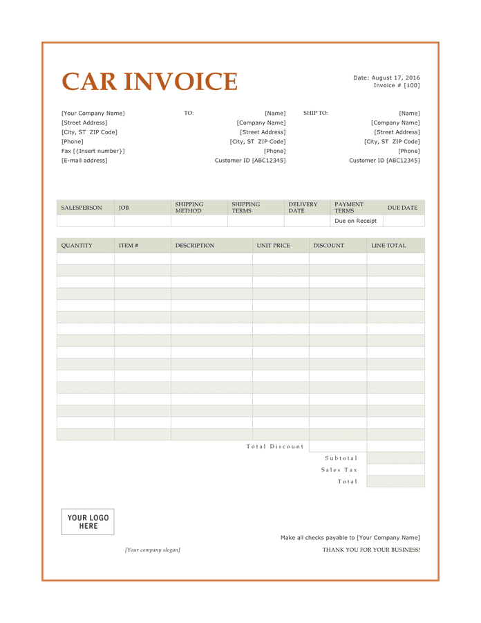 Car invoice template in Word and Pdf formats