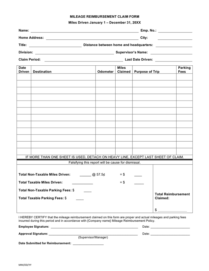 Mileage Reimbursement Claim Form In Word And Pdf Formats