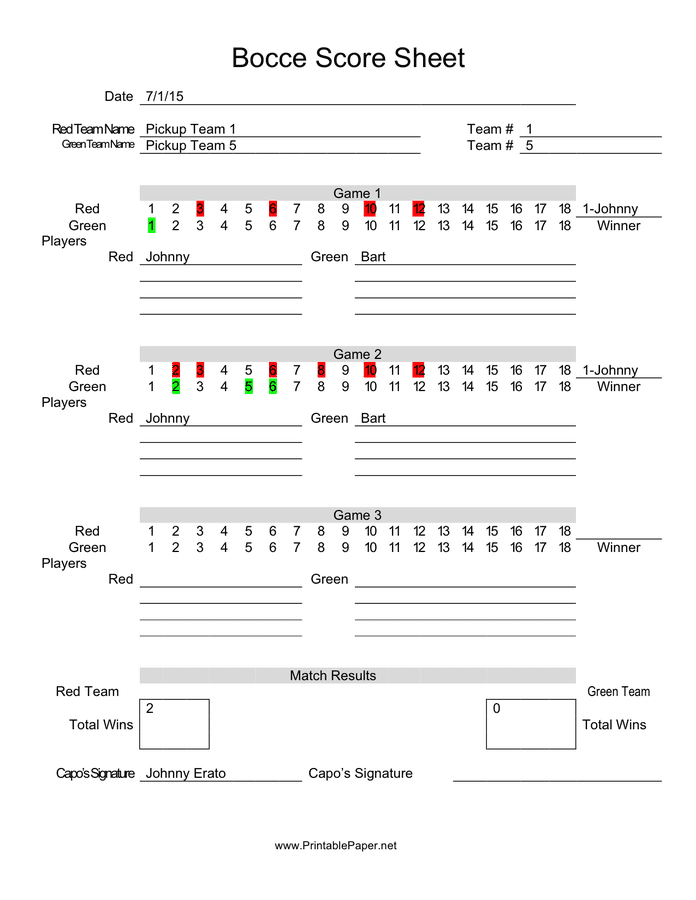 Bocce score sheet template in Word and Pdf formats