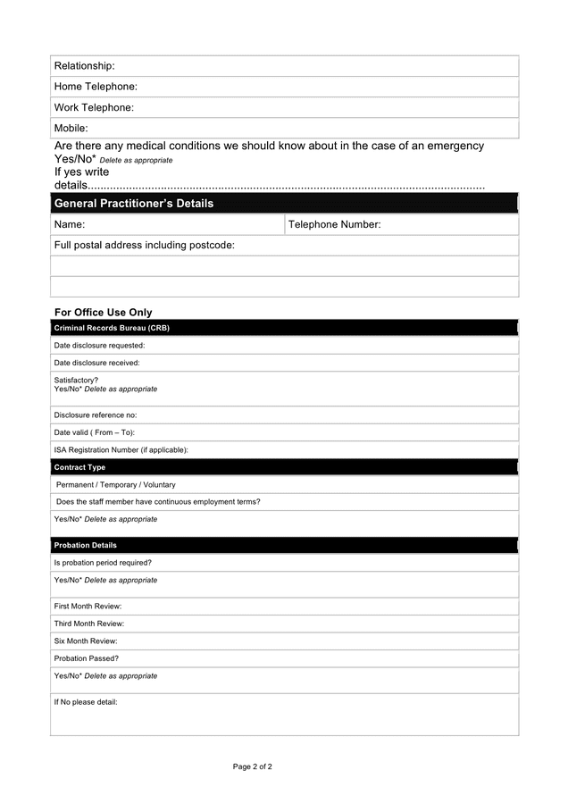 Personal details record form in Word and Pdf formats page 2 of 2