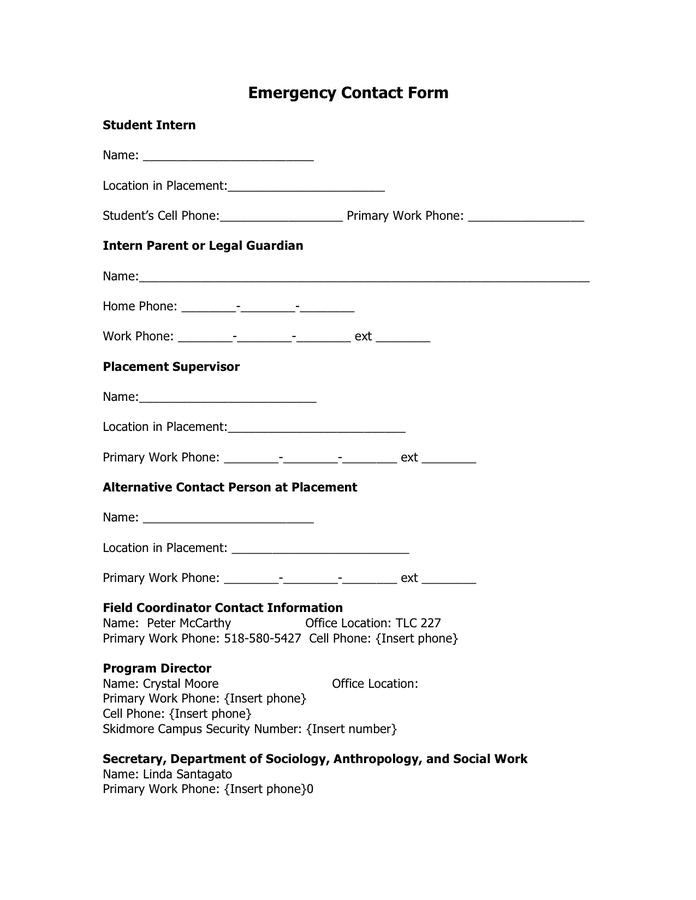 Student Emergency Contact Form in Word and Pdf formats