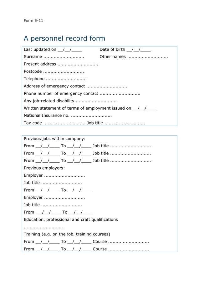 A personnel record form in Word and Pdf formats