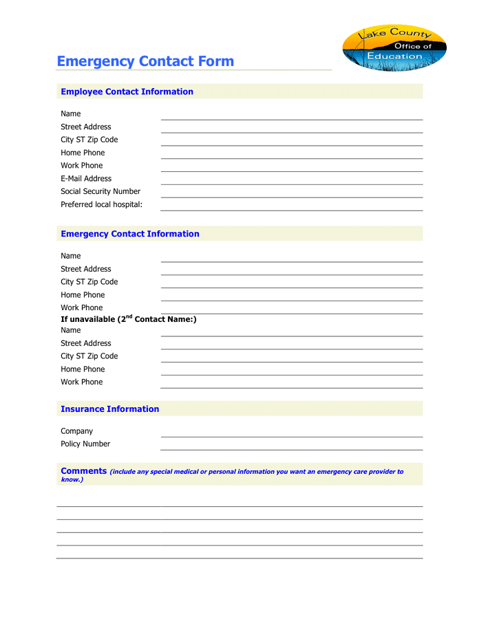 Emergency Contact Form download free documents for PDF, Word and Excel