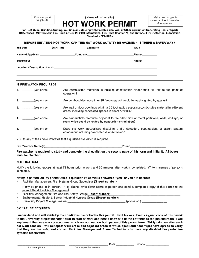 Hot Work Permit Form In Word And Pdf Formats