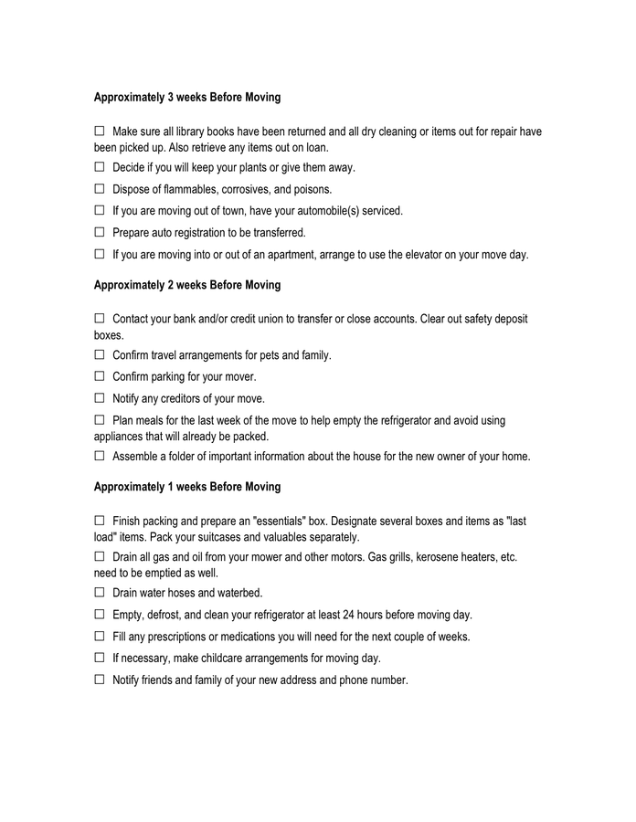 residential moving checklist template in word and pdf word family house template