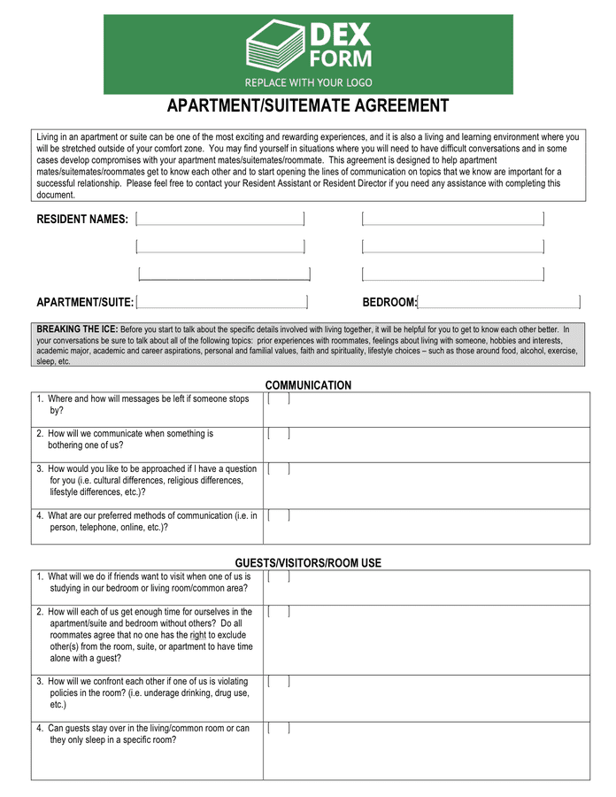 Apartment / suitemate agreement in Word and Pdf formats