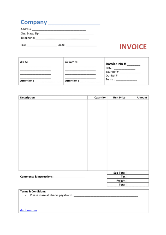 Basic invoice template in Word and Pdf formats