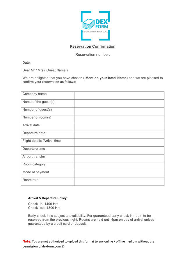 Reservation Confirmation Template Word