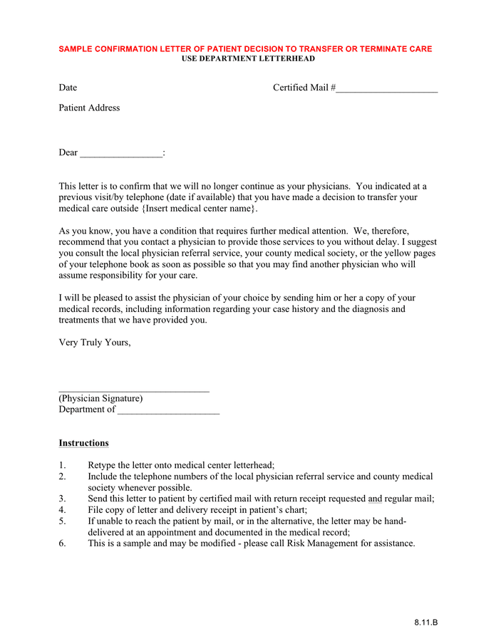 Sample Confirmation Letter Of Patient Decision To Transfer Terminate Care In Word And Pdf Formats 