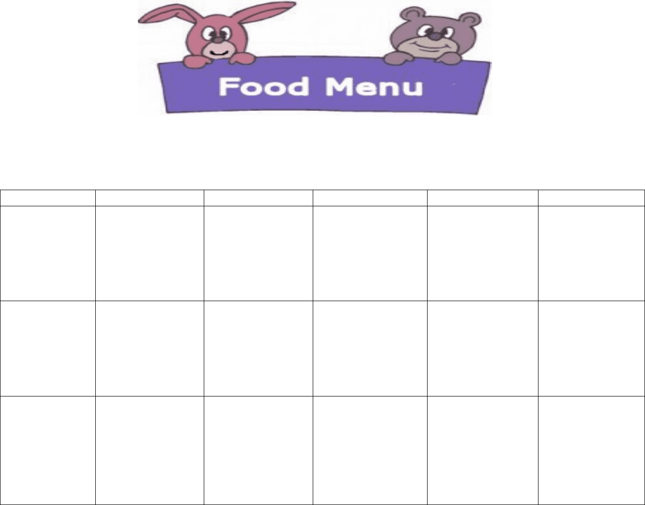 Daycare food menu template in Word and Pdf formats