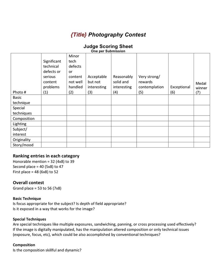 Photo Contest Scoring Sheet Template In Word And Pdf Formats