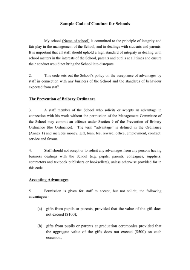 Sample Code Of Conduct For Schools In Word And Pdf Formats