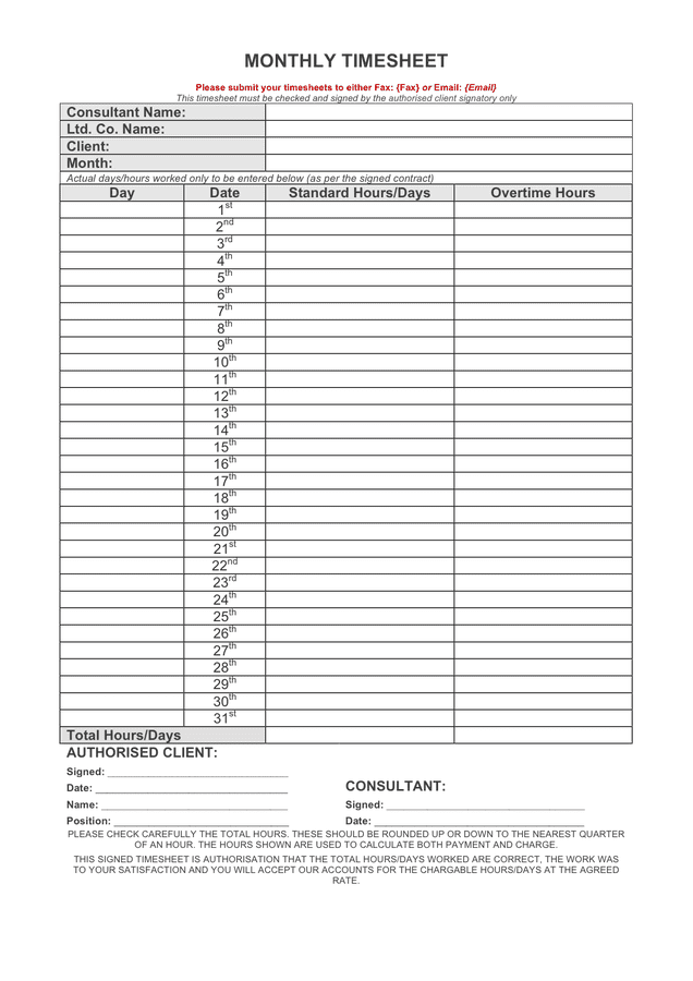 Monthly timesheet template in Word and Pdf formats