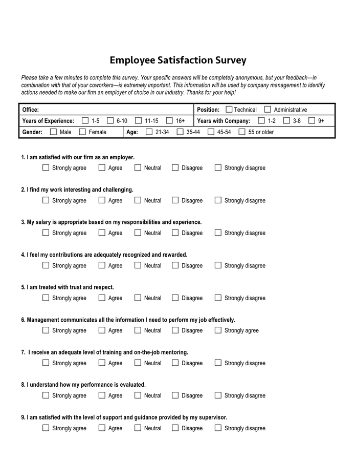 Printable Employee Satisfaction Survey Template
