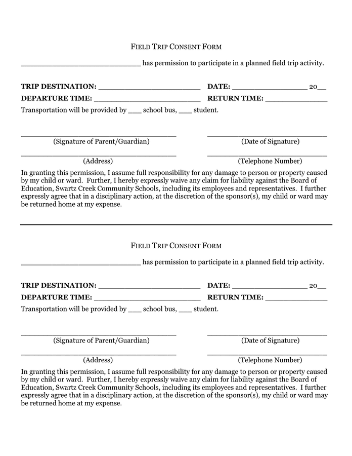 Field trip consent form in Word and Pdf formats
