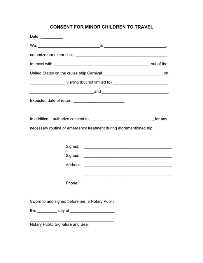Free Printable Travel Consent Form For Minor Pdf