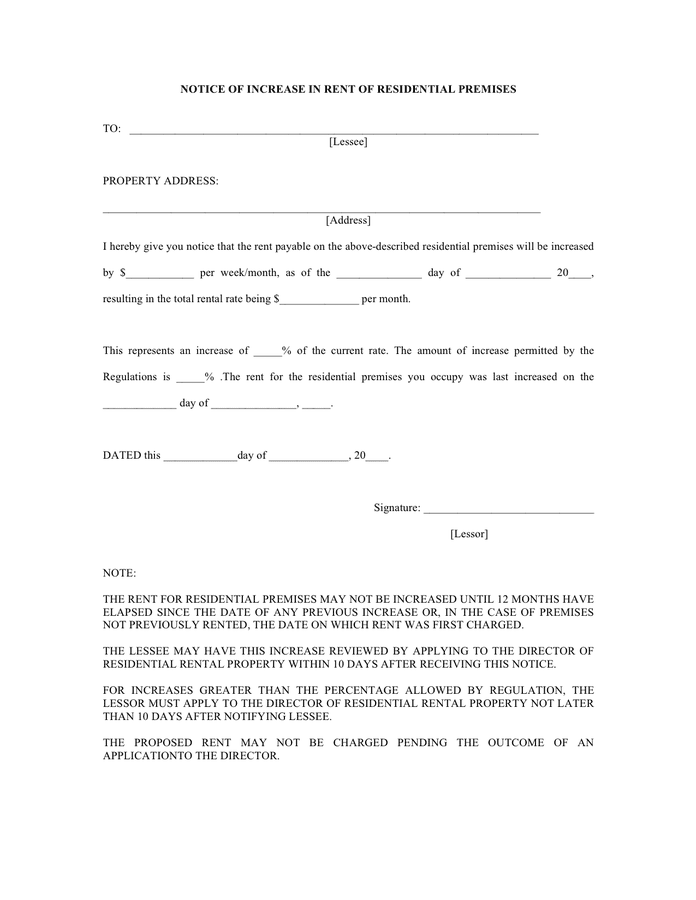 Notice Of Rent Increase Form In Word And Pdf Formats