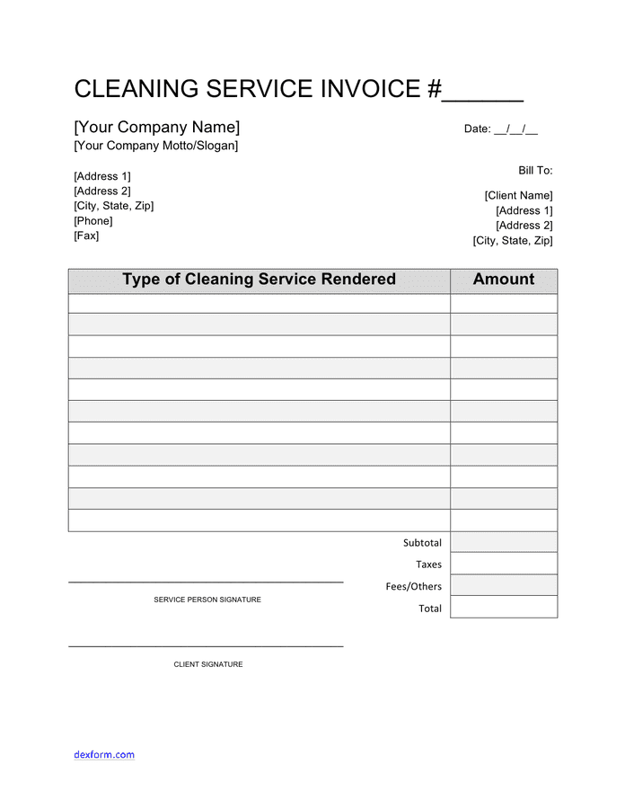 Cleaning service invoice template in Word and Pdf formats