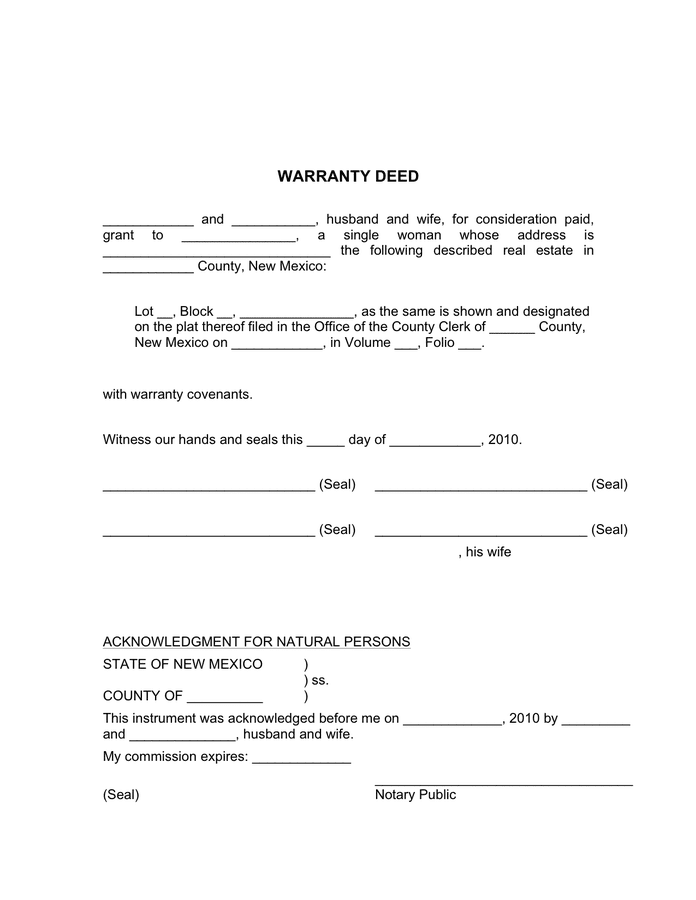 Warranty deed form (New Mexico) in Word and Pdf formats
