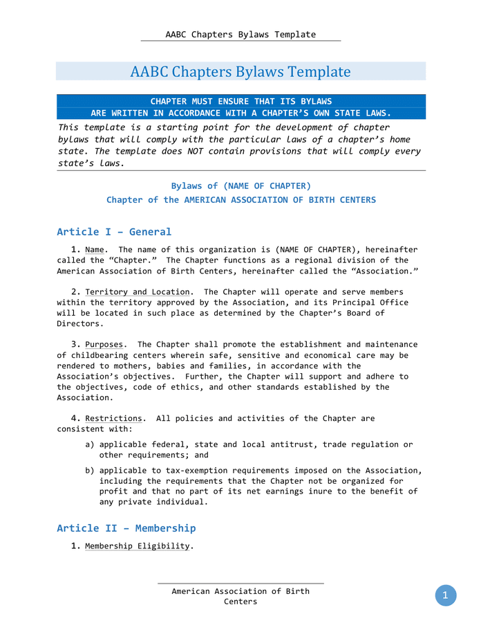 Bylaws Document Sample In Word And Pdf Formats