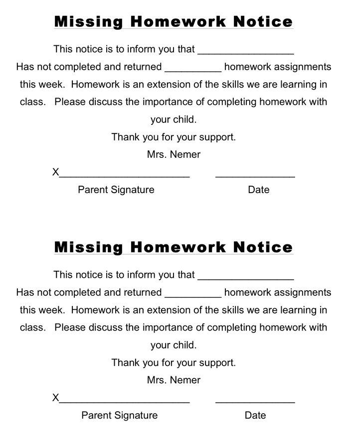 Missing homework notice in Word and Pdf formats