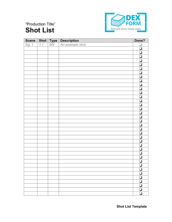 Shot List Template download free documents for PDF, Word and Excel