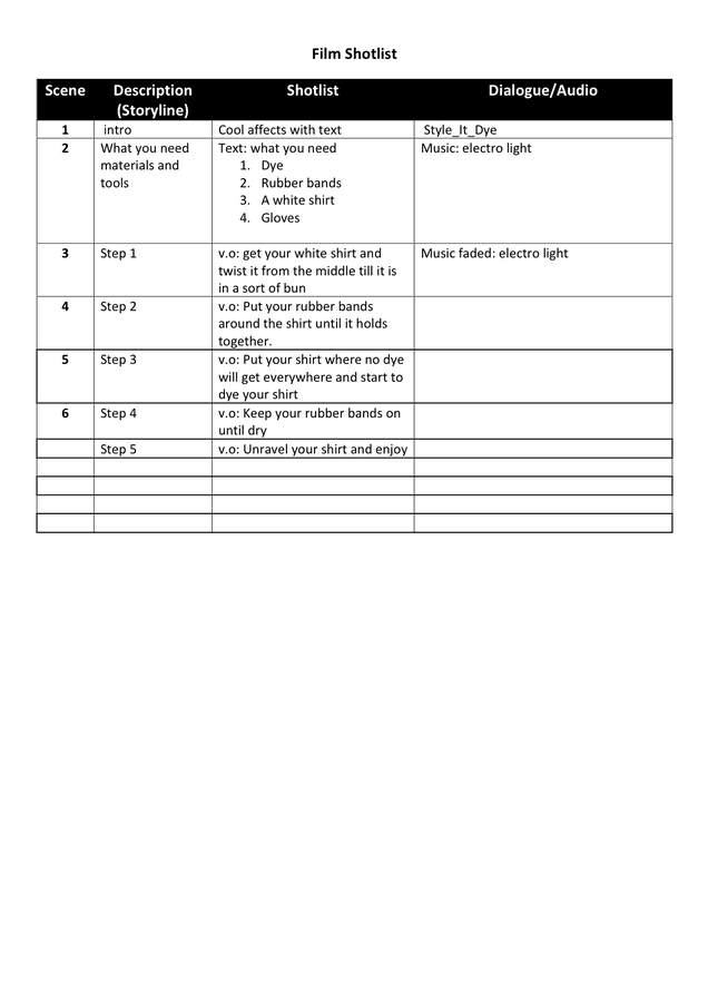 Filming Shot List Template