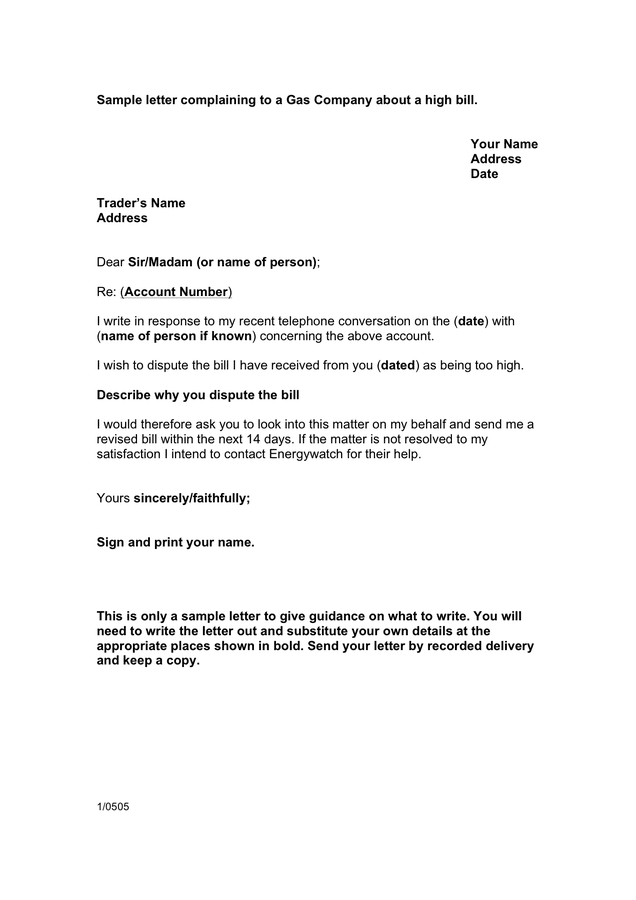 Sample letter complaining to gas company about a high bill ...