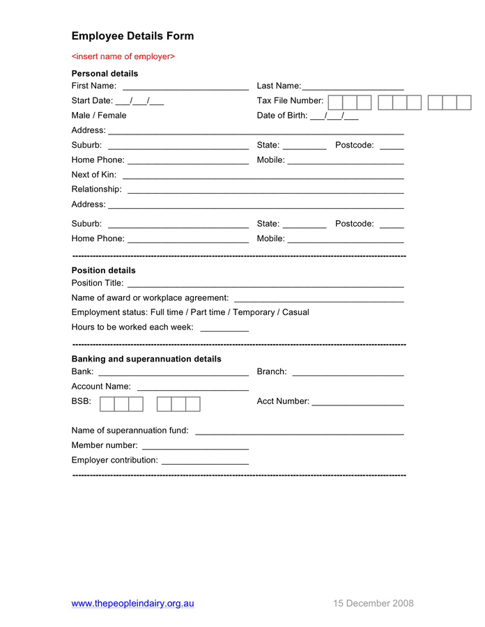 Employee Details Form Template Australia In Word And Pdf Formats 4413