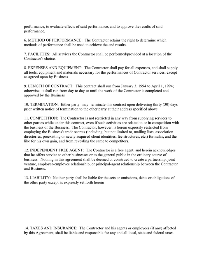 Independent Contractor Agreement Form In Word And Pdf Formats Page 2 Of 3
