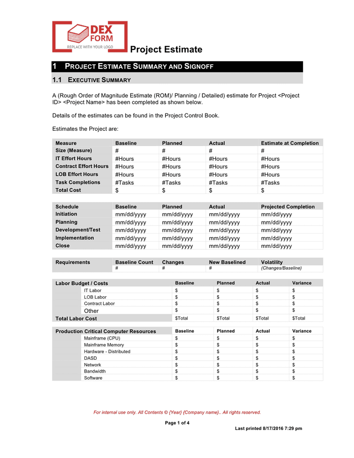 Project estimate form in Word and Pdf formats