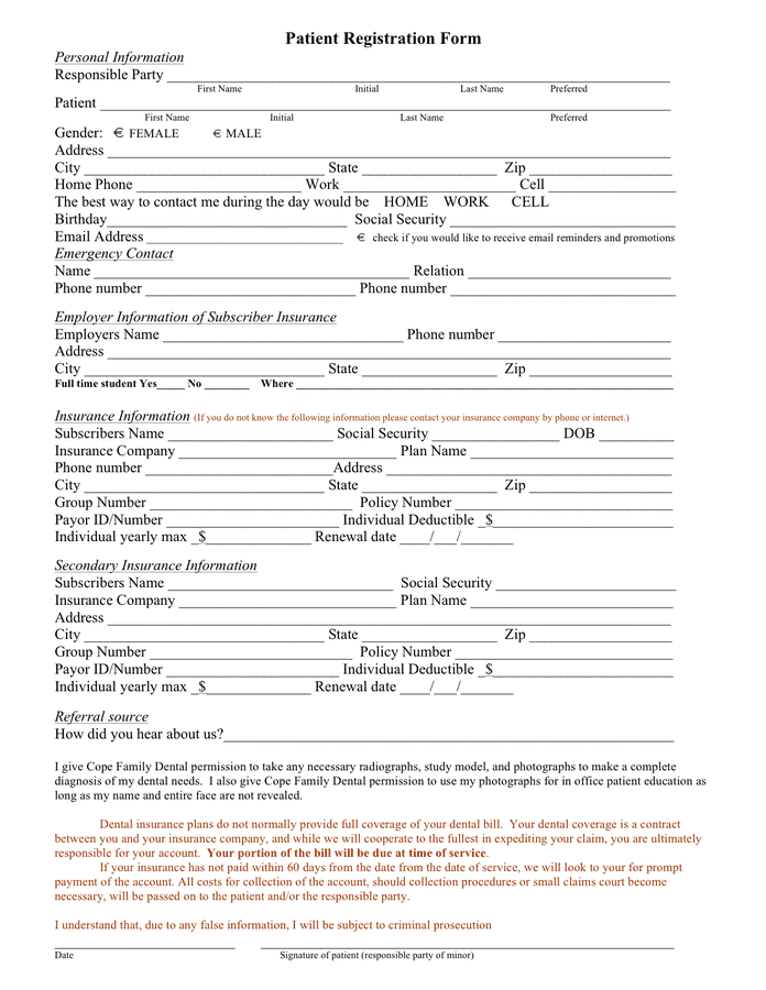 Sample patient registration form in Word and Pdf formats