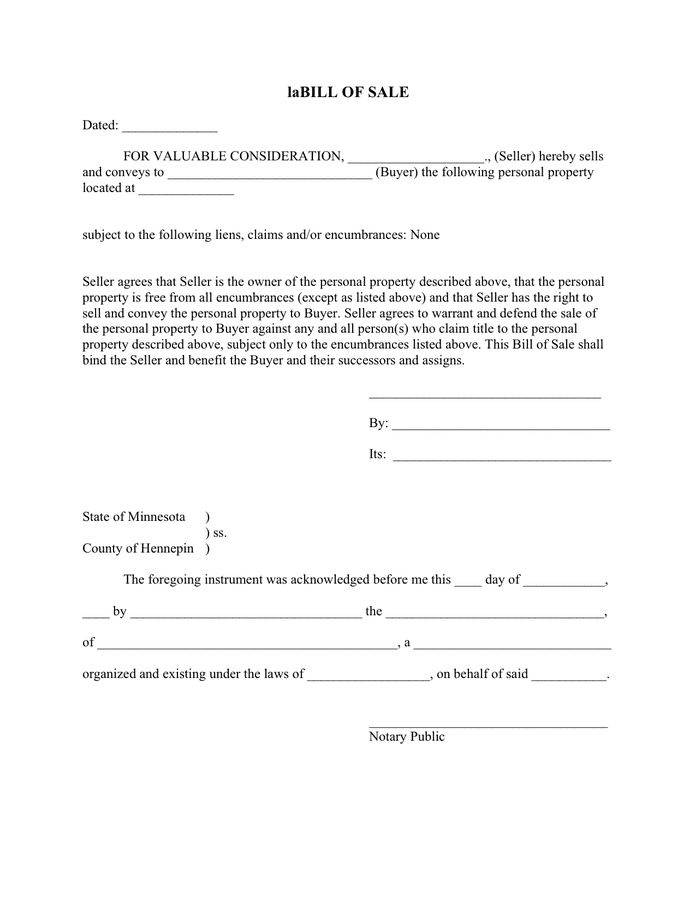 Minnesota Bill of Sale form in Word and Pdf formats