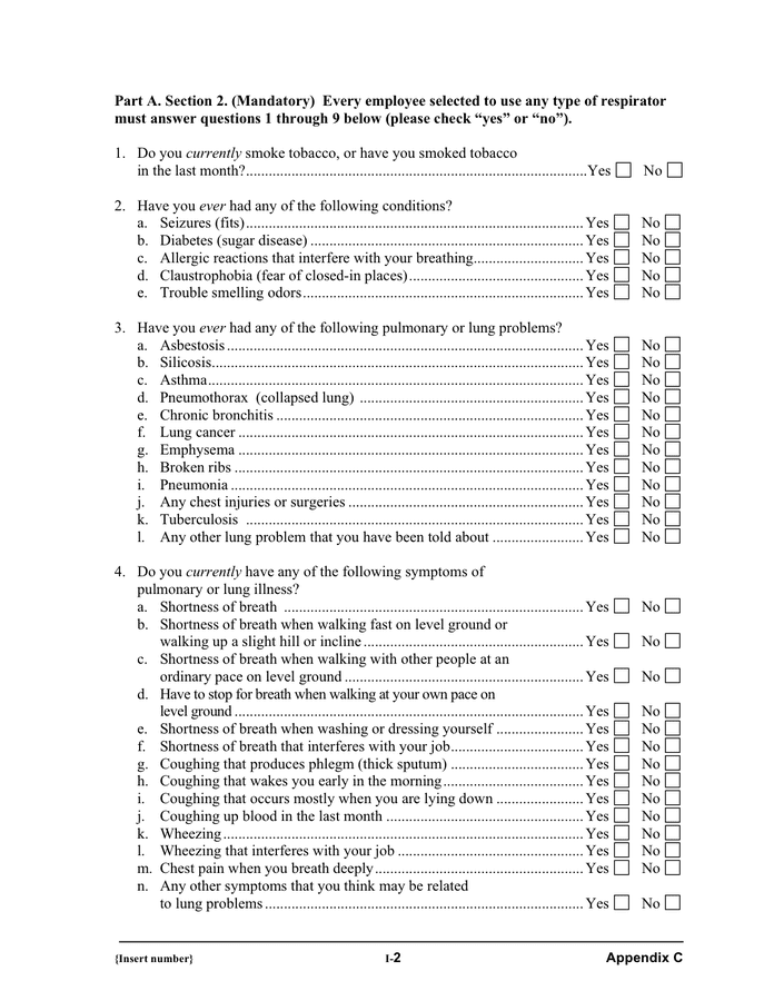 Respirator medical evaluation questionnaire in Word and Pdf formats