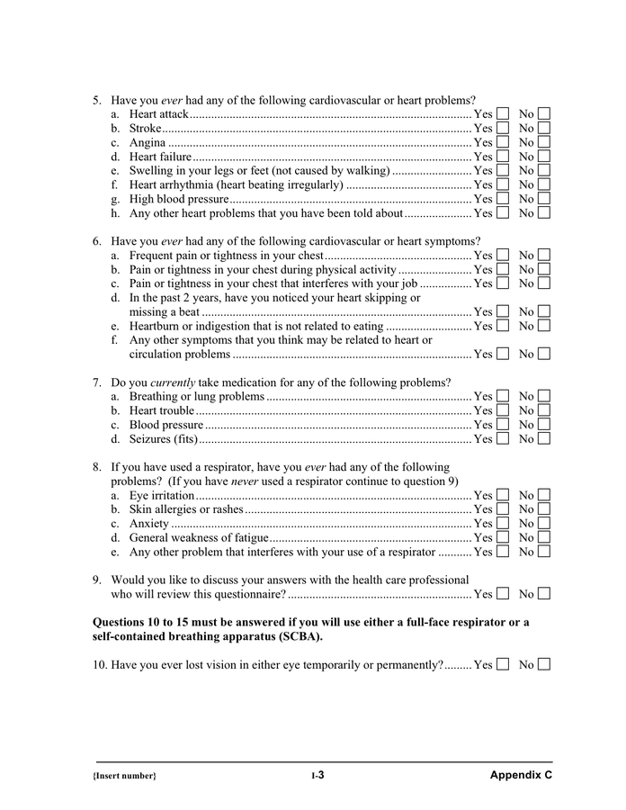 Respirator medical evaluation questionnaire in Word and Pdf formats