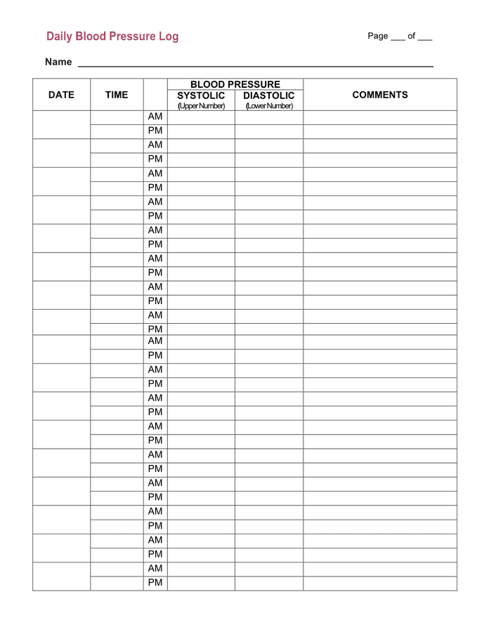 Daily blood pressure log in Word and Pdf formats