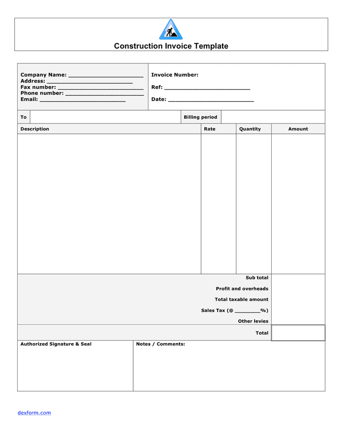 Construction invoice template in Word and Pdf formats